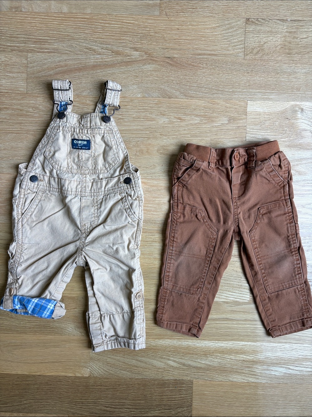 OshKosh B'gosh | Set of 2, Adjustable Khaki Overalls and Brown Pants Set